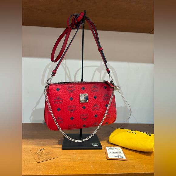 MCM Red Crossbody Bag with Metallic Accents - Picture 1 of 6